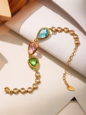 Teardrop Gemstone Bezel Bracelet NWT Gold Plated PVD Coated